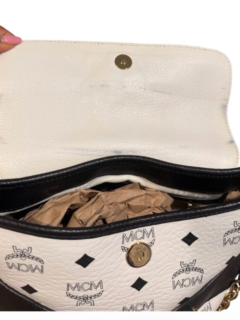 MCM Black and White Logo Leather Shoulder Bag with Gold Chain-Preowned